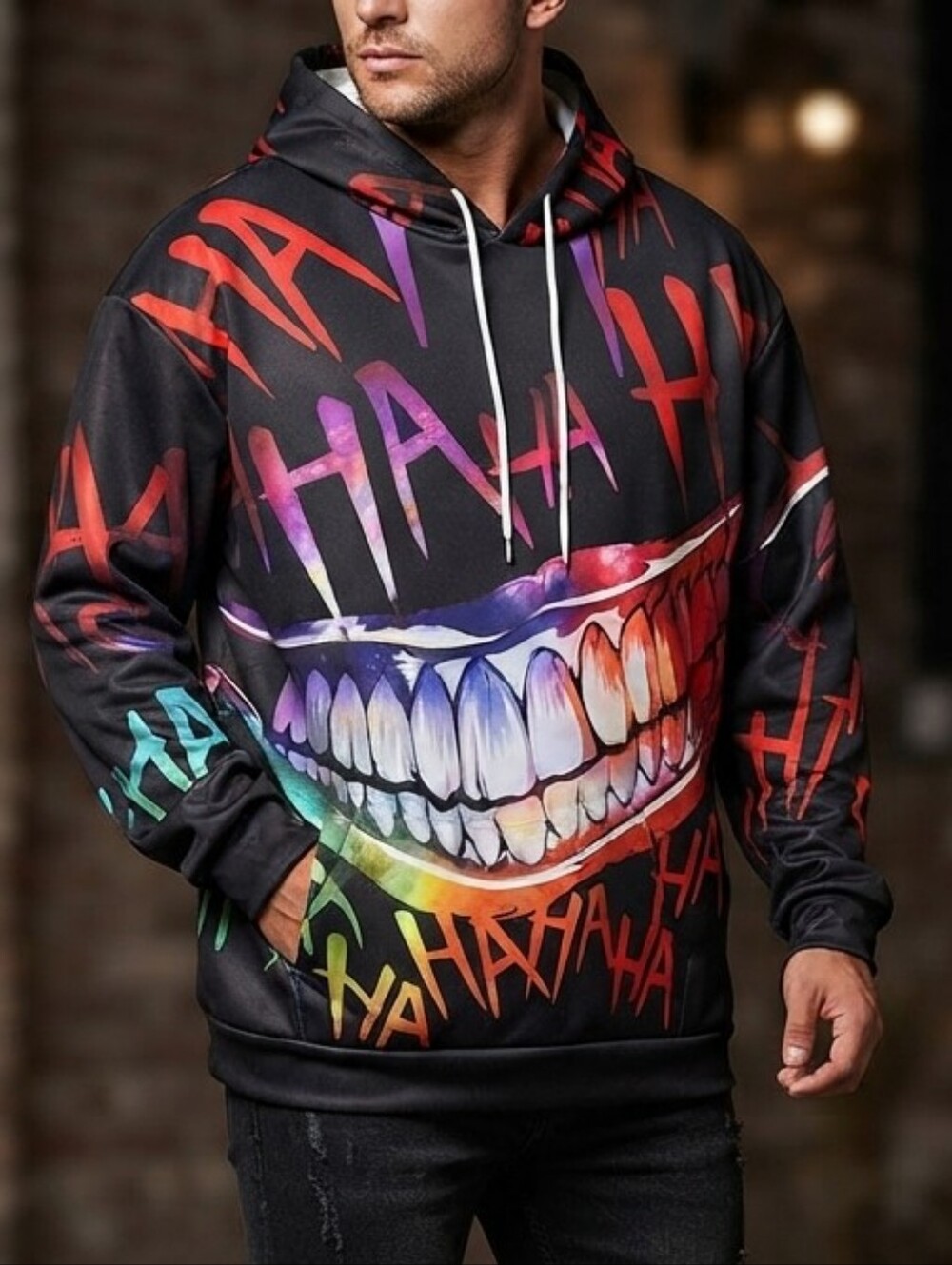 Joker Inspired Hoodie Men's 2XL HAHA Print Smile Graphic Pullover Runs Smaller